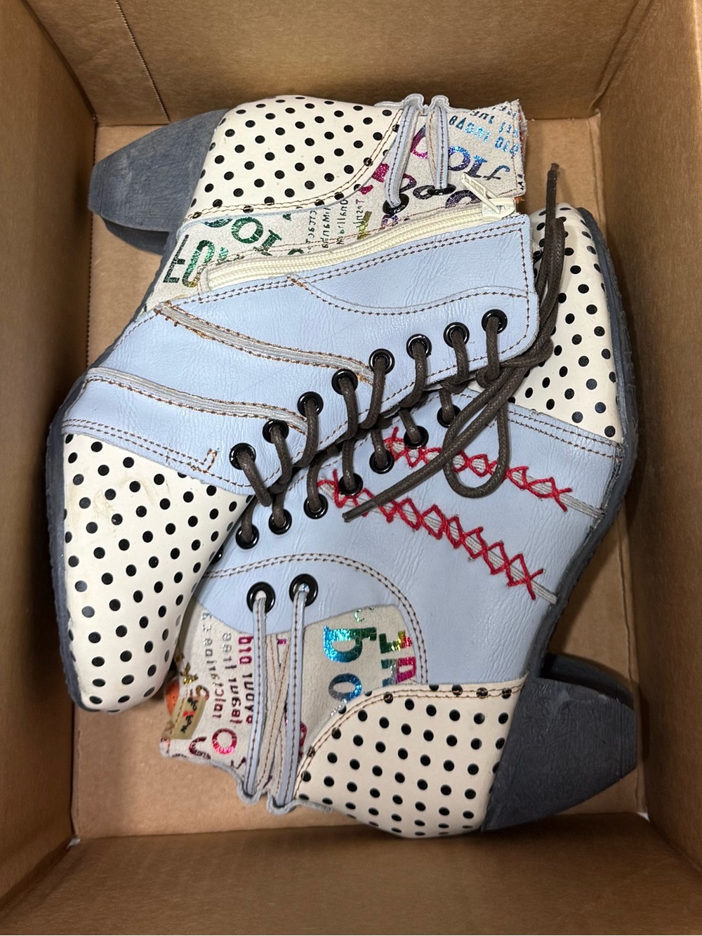 Maia Polka Dot booties Hand Made in Germany in Light Blue and Cream size 7.5